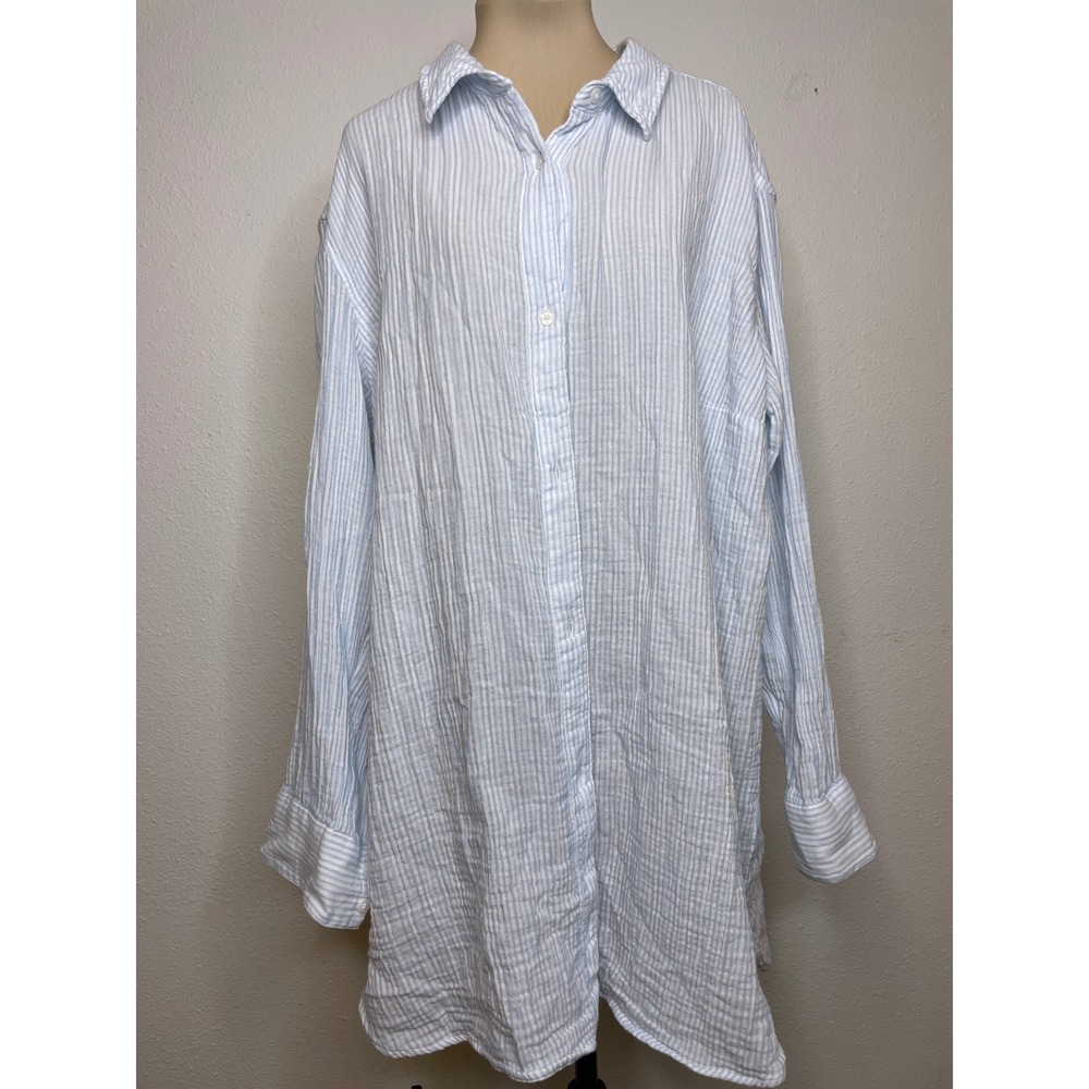 L.L. Bean Womens Cloud Gauze Coverup Shirt Coastal Striped 1X Plus Blue White